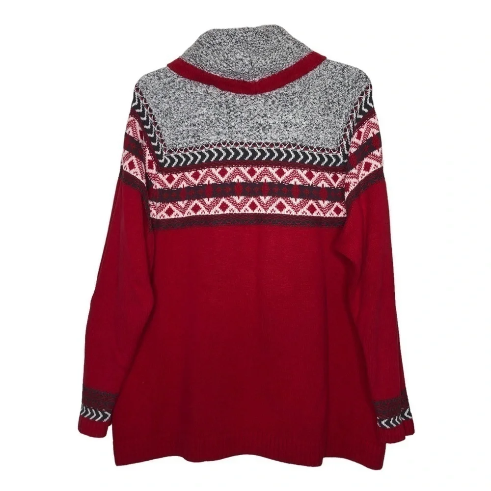 100% Cotton Red, Gray & White Fair Isle Cowl Neck Turtleneck Sweater Size Large - Picture 2 of 4